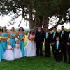 bridesmaids in teal blue dresses, flower girls in white dresses. Yellow and orange flowers. Men in black tuxedos with teal vests